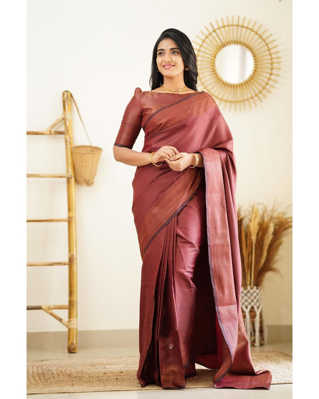 Dipti Wine Soft Silk Saree With Imaginative Blouse Piece AttachedDipti Wine Soft Silk Saree With Imaginative Blouse Piece Attached