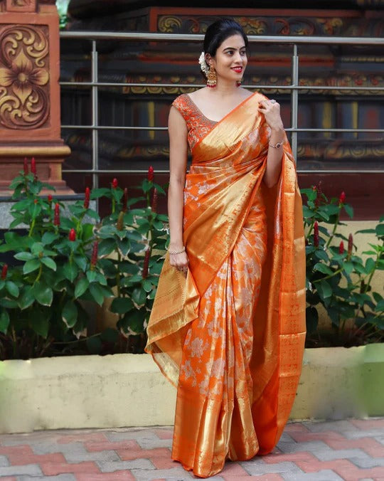 Soniya Orange Soft Banarasi Silk Saree With Attractive Blouse