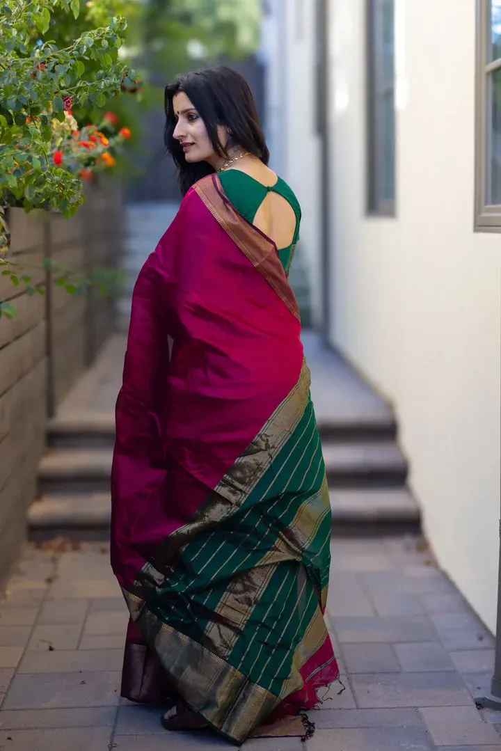Feminine Pink Green Smooth Silk Saree With Alluring Blouse Piece