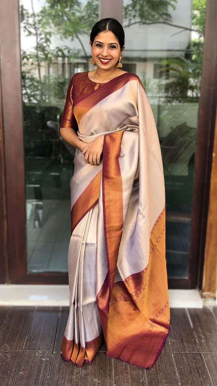 Bindu Cream Maroon Soft SIlk Saree With Attractive Blouse Piece