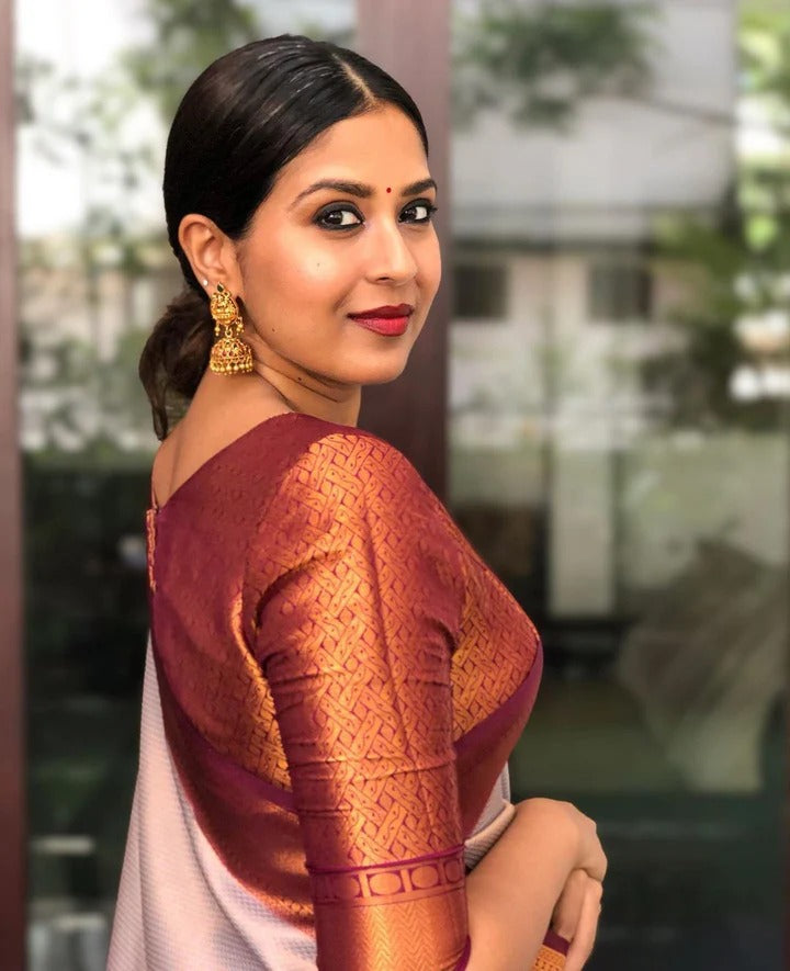 Bindu Cream Maroon Soft SIlk Saree With Attractive Blouse Piece