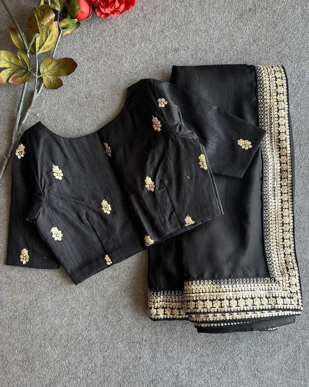 Breathtaking Black Embroidery Work Soft Silk Saree With Demanding Stiched-Blouse Piece