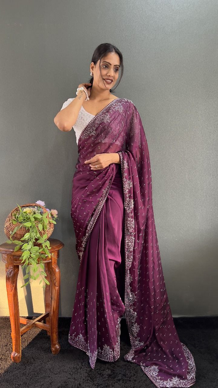 Ritika – Raspberry Red Beaded Party Wear Saree