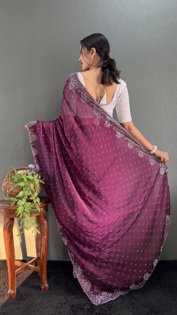 Ritika – Raspberry Red Beaded Party Wear Saree