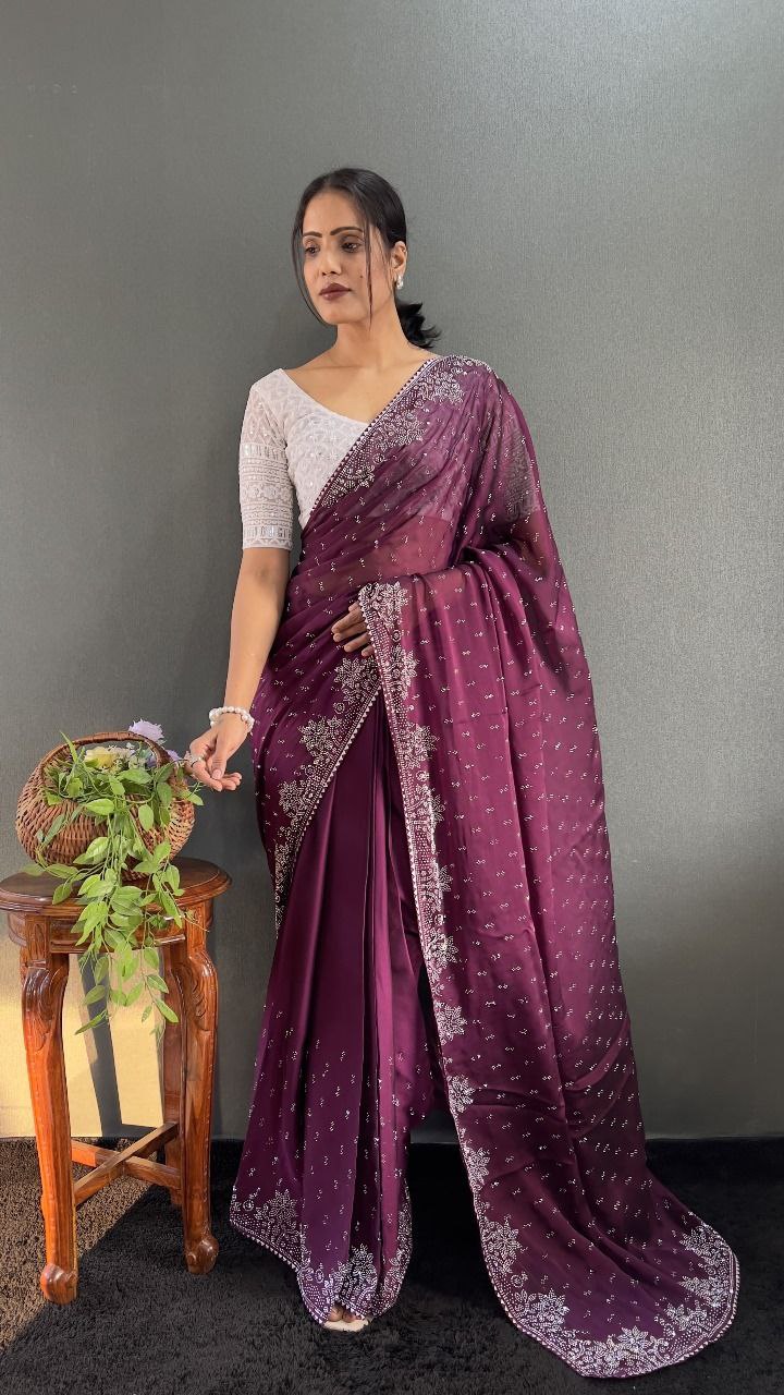 Ritika – Raspberry Red Beaded Party Wear Saree