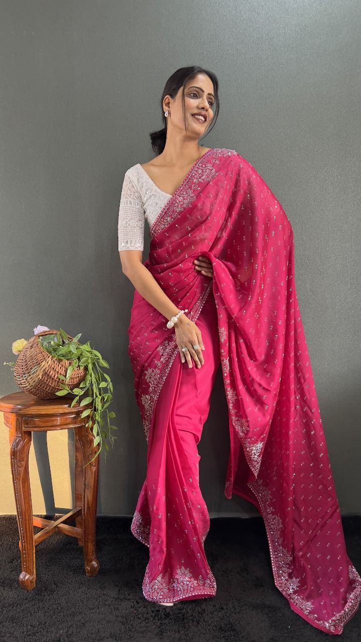 Ritika – Raspberry Red Beaded Party Wear Saree