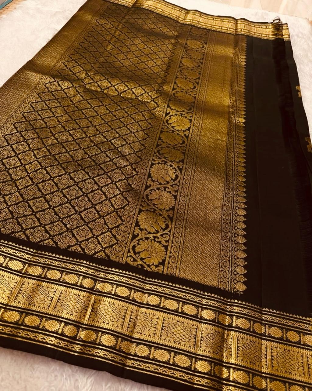 Aaravi – Black & Gold Banarasi Soft Silk Saree