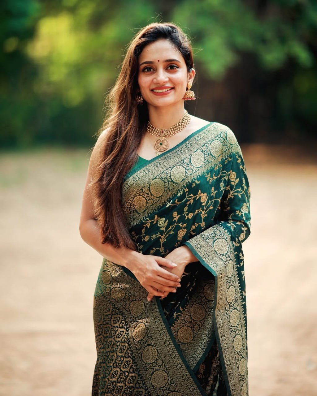 Mehira Bottle Green Banarasi Soft Silk Saree