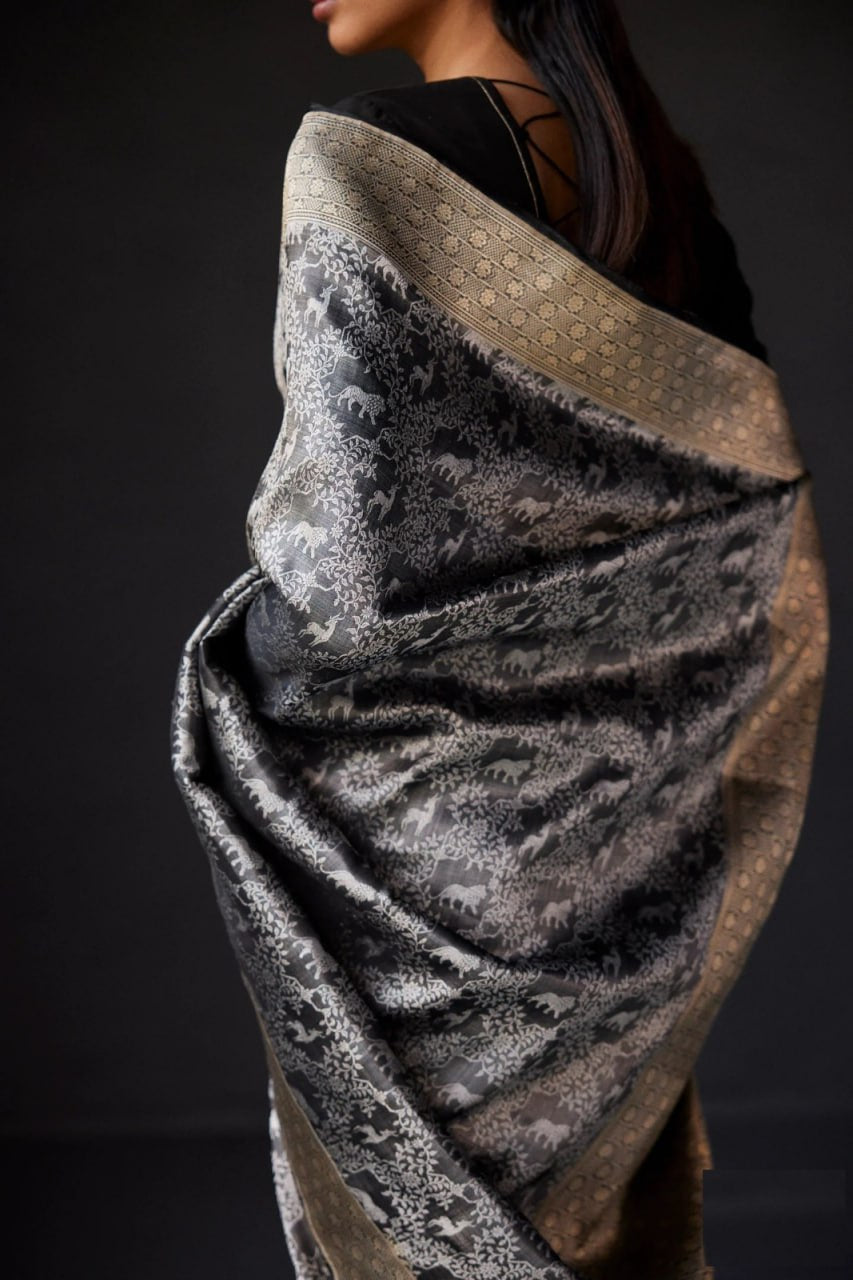 Rupali – Black & Silver Banarasi Soft Silk Saree