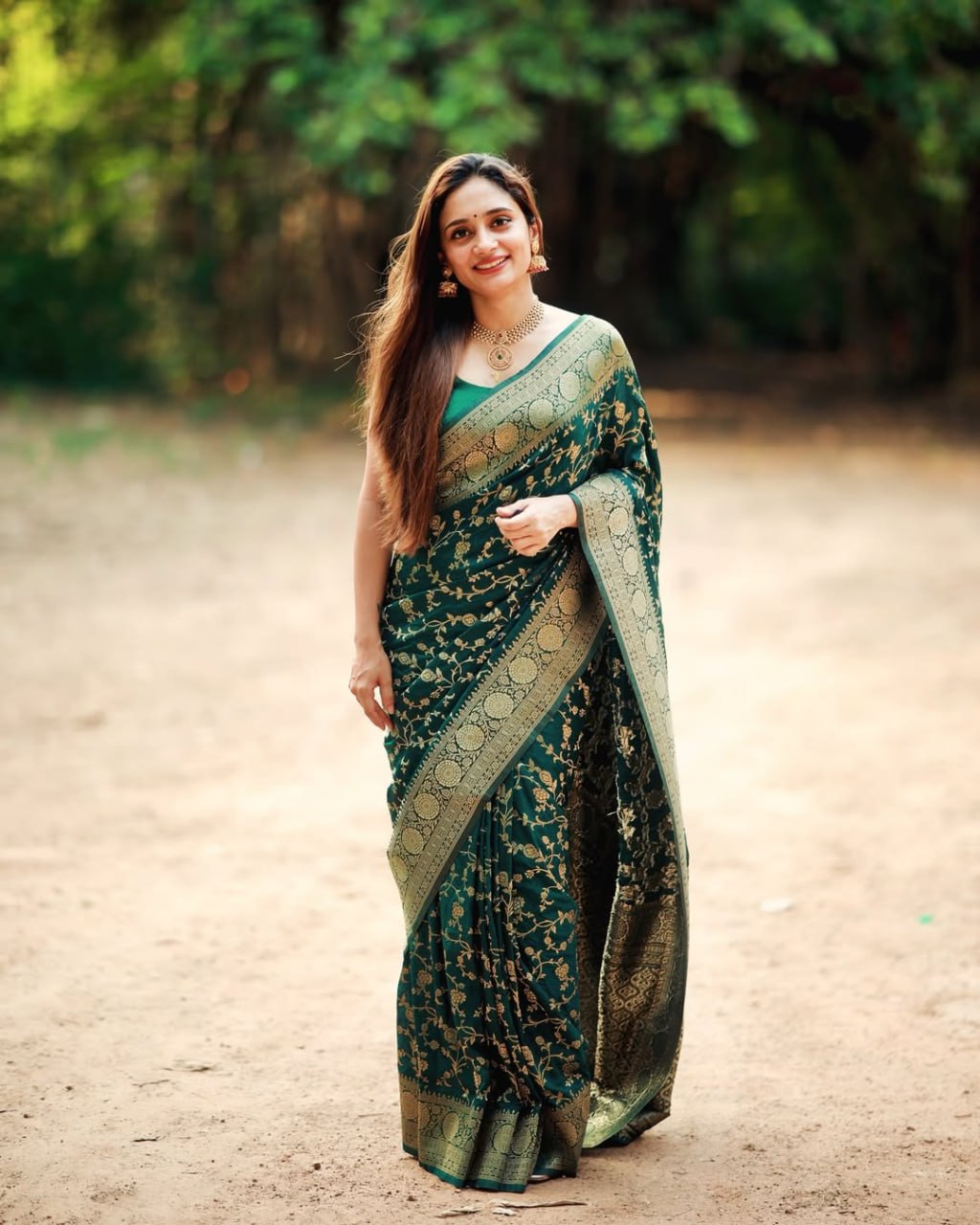 Mehira Bottle Green Banarasi Soft Silk Saree