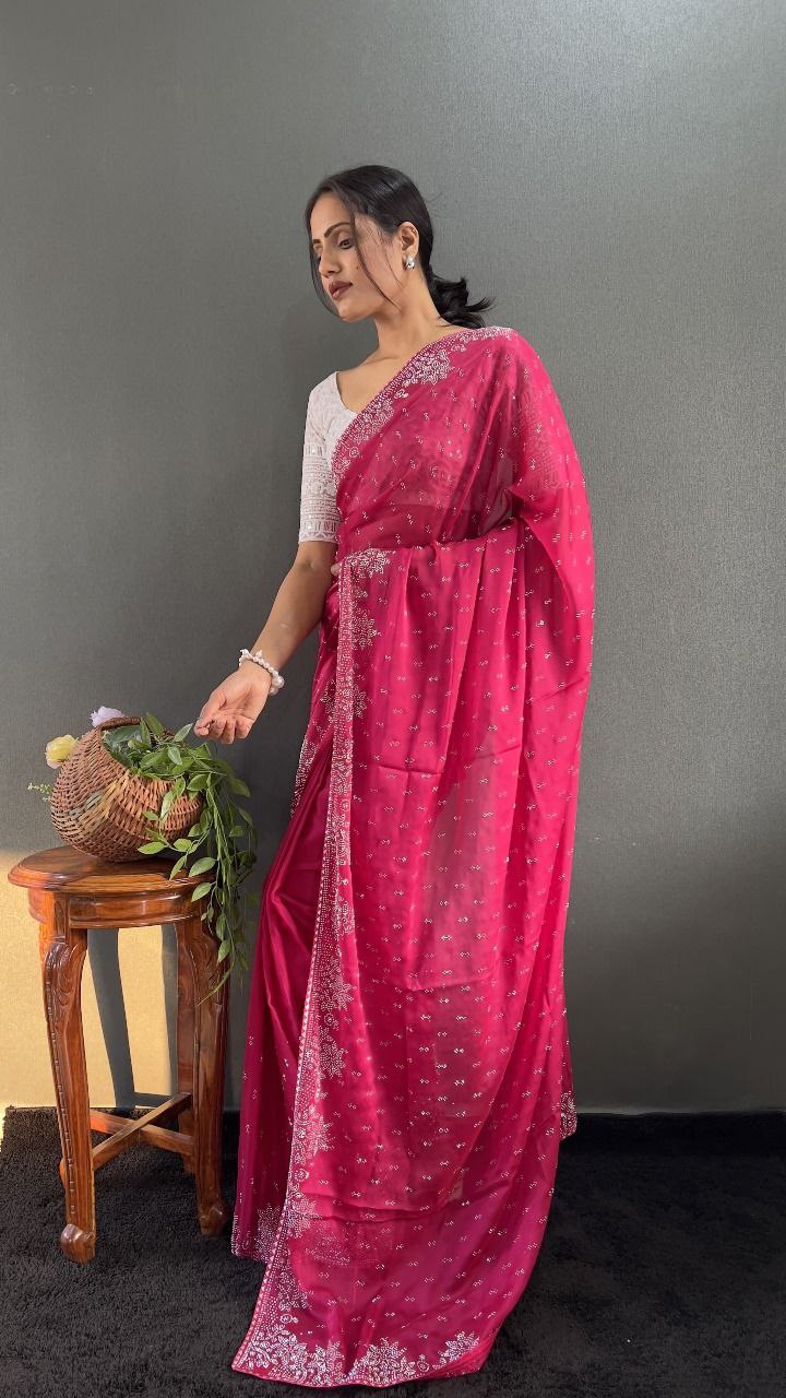 Ritika – Raspberry Red Beaded Party Wear Saree