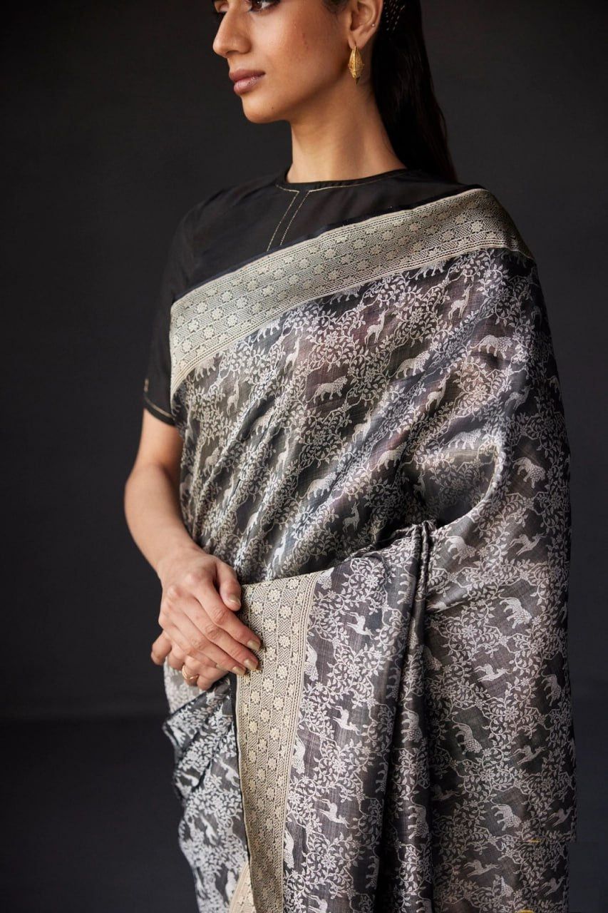 Rupali – Black & Silver Banarasi Soft Silk Saree
