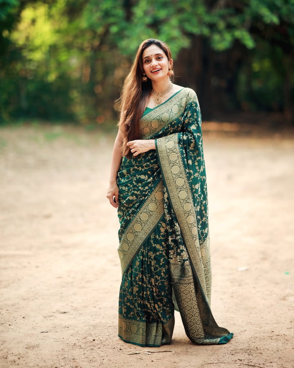 Mehira Bottle Green Banarasi Soft Silk Saree