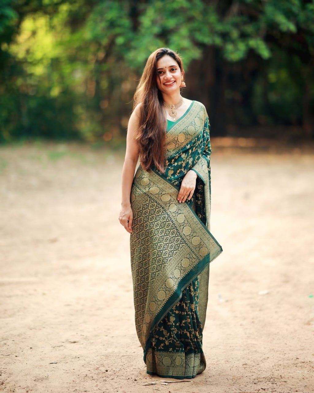 Mehira Bottle Green Banarasi Soft Silk Saree