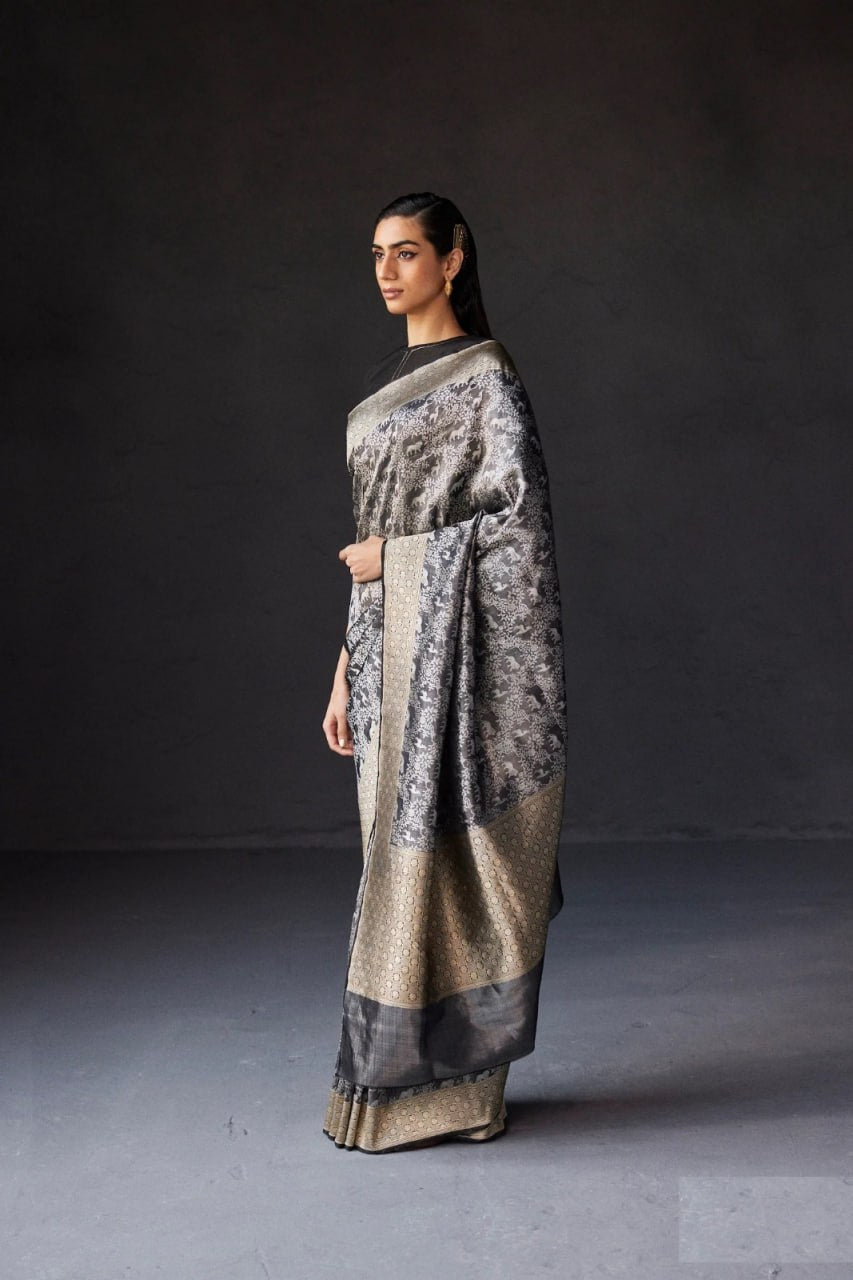 Rupali – Black & Silver Banarasi Soft Silk Saree