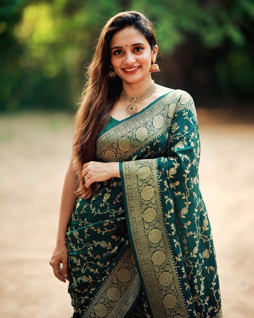 Mehira Bottle Green Banarasi Soft Silk Saree