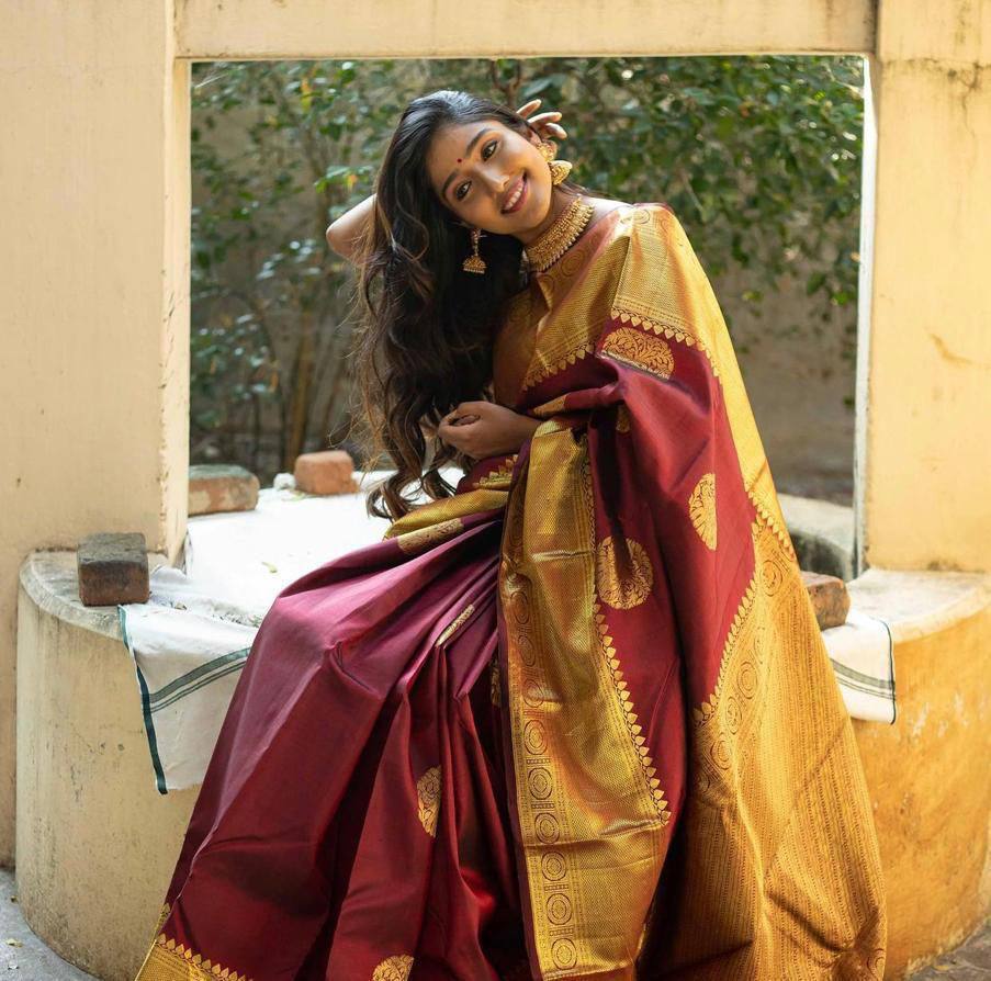 Regal Maroon Majesty Banarasi Silk Saree WIth Fabulouse Blouse Piece