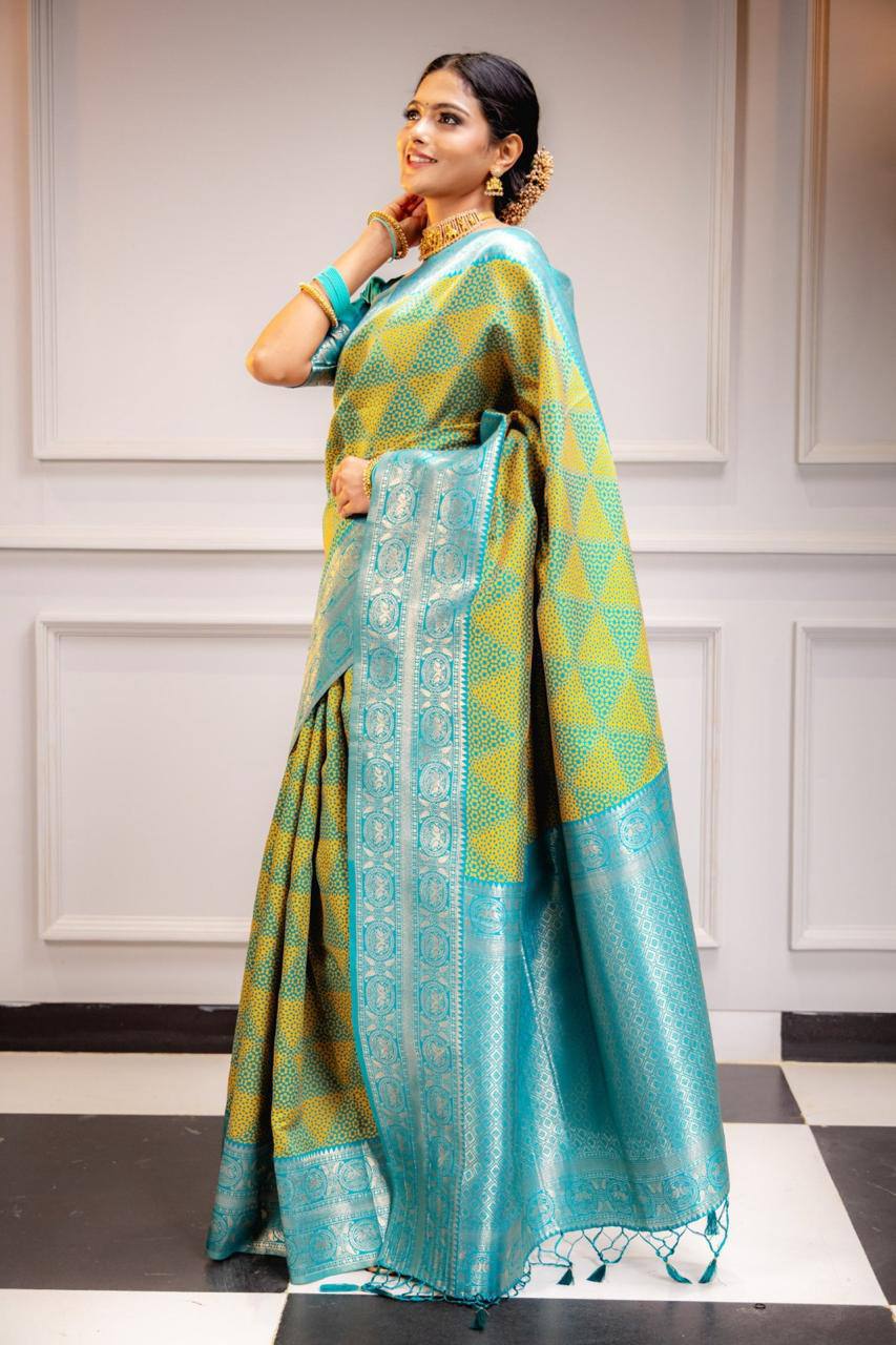 Aqua Gold Elegance Turquoise and GoldBanarasi Silk Saree WIth Fabulouse Blouse Piece