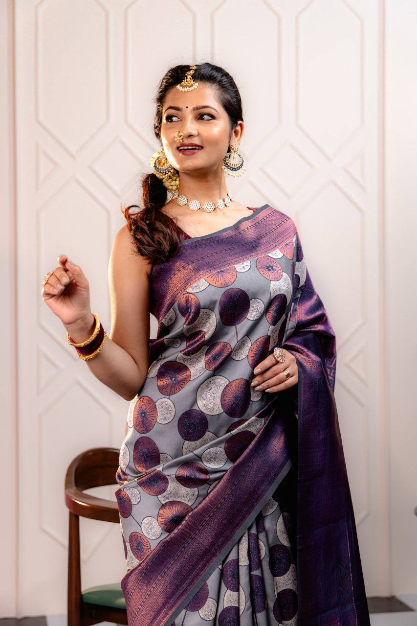 Scarlet Circles Saree Purple Banarasi Silk Saree WIth Fabulouse Blouse Piece