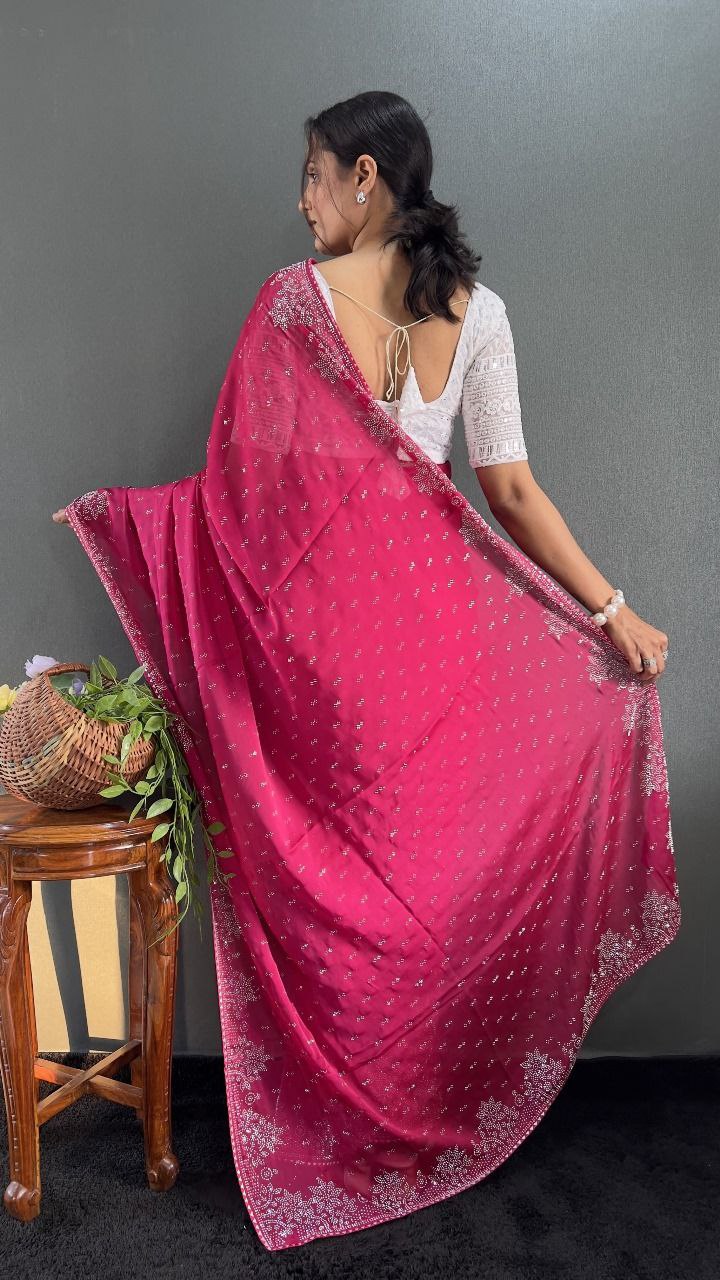 Ritika – Raspberry Red Beaded Party Wear Saree