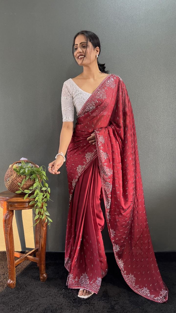 Ritika – Raspberry Red Beaded Party Wear Saree