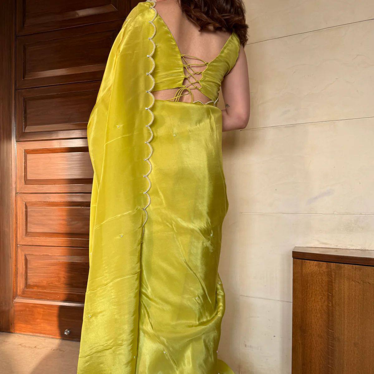 Avni – Lemon Yellow & Green Ombre Chinnon Saree
