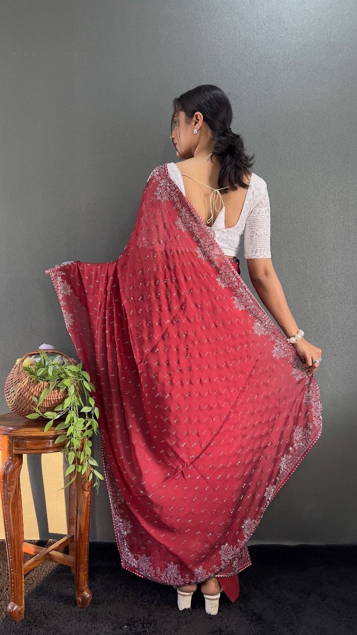 Ritika – Raspberry Red Beaded Party Wear Saree