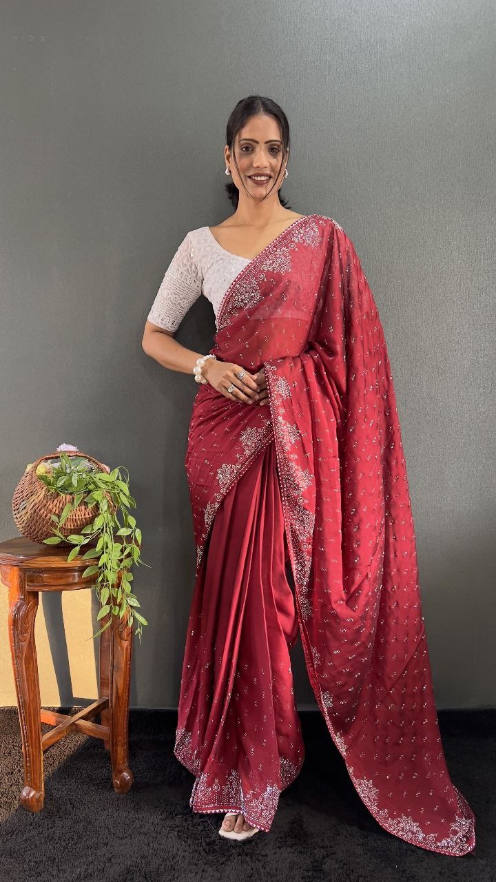Ritika – Raspberry Red Beaded Party Wear Saree