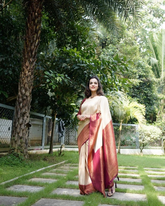 Rushi Beige-Maroon Soft Banarasi Silk Saree With Classic Blouse Piece - ABHA