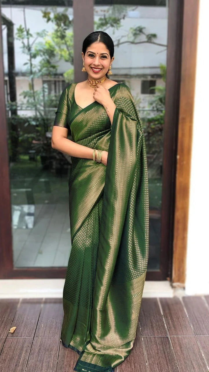 Valmika Green Soft Banarasi Silk Drape with Unique Blouse Piece