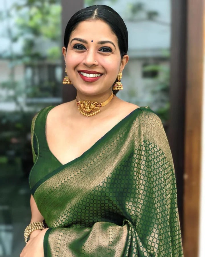 Valmika Green Soft Banarasi Silk Drape with Unique Blouse Piece