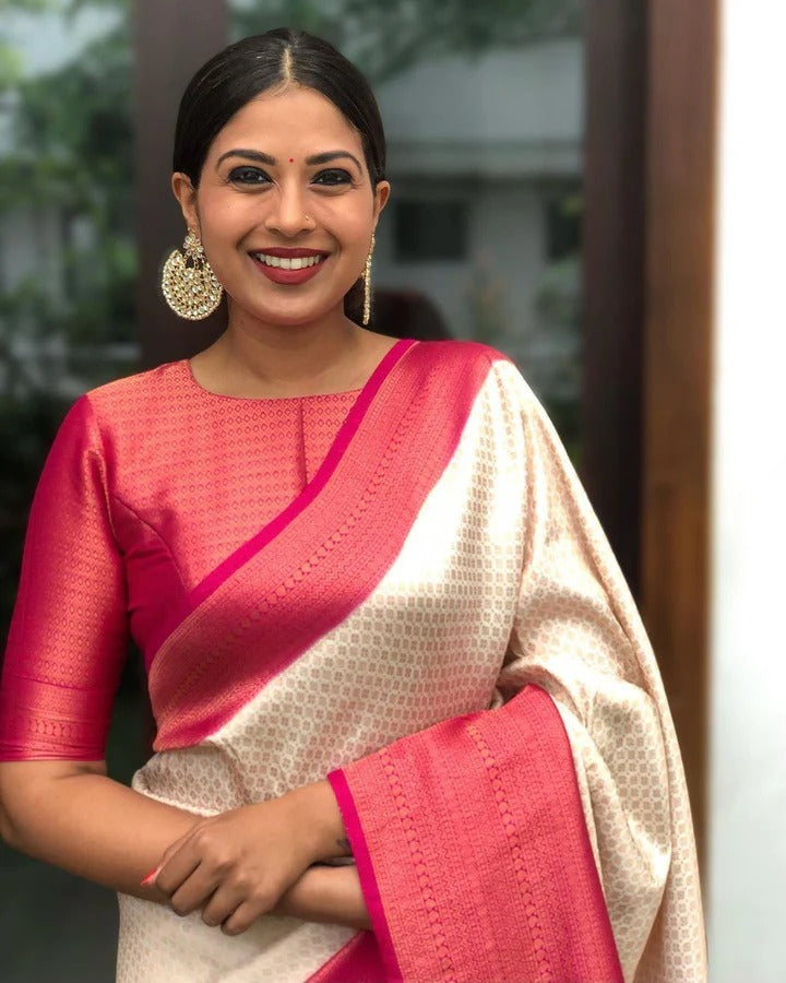 Valmika OffWhite Soft Kanjivaram Silk Drape with Unique Blouse Piece