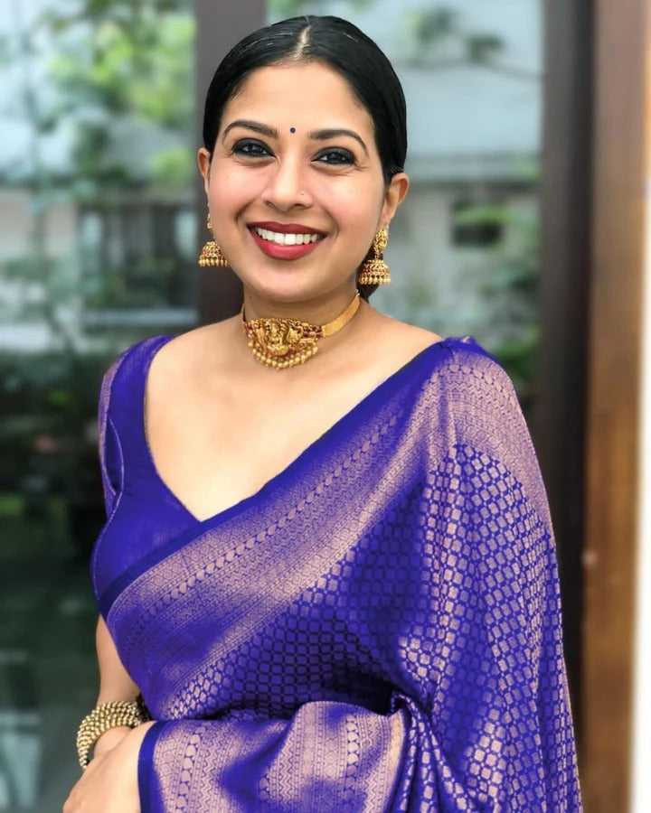 Valmika RoyalBlue Soft Banarasi Silk Drape with Unique Blouse Piece