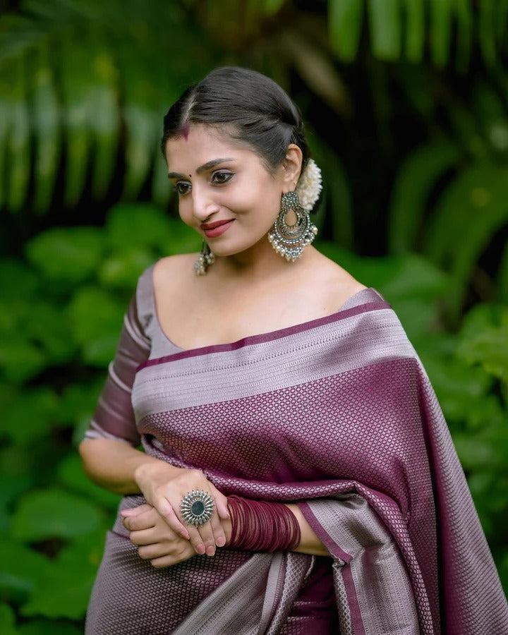 Vinika Brown Soft Kanjivaram Silk Drape with Unique Blouse Piece-Valmika