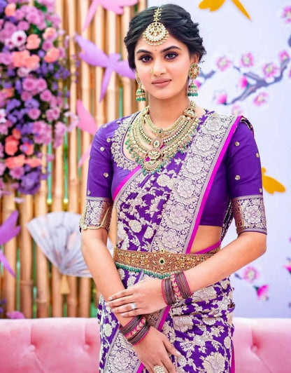 NARI PURPLE TRADITIONAL KANCHI SOFT SILK SARI WITH ATTACHED BLOUSE