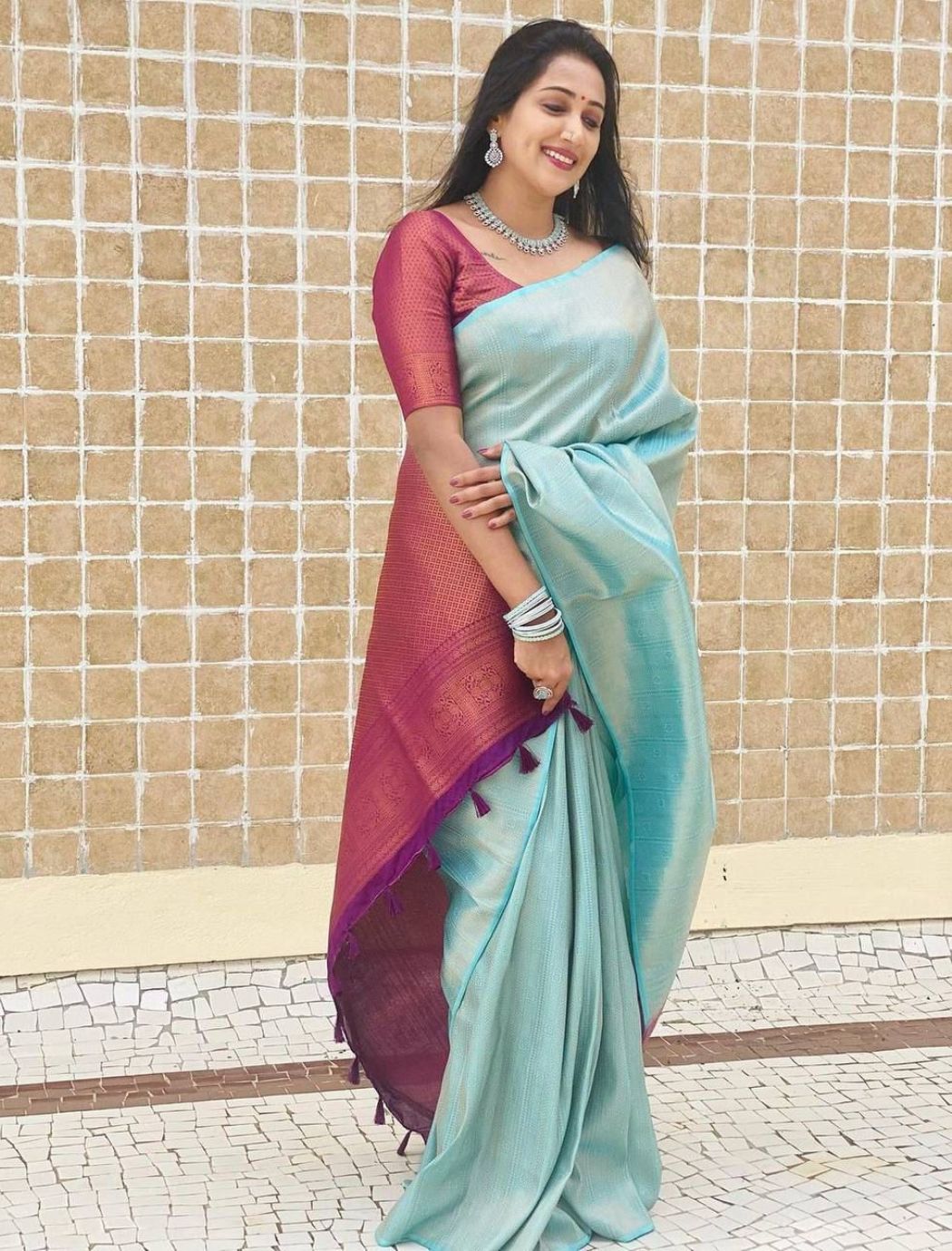 Aarya Sky Traditional Lichi Silk Saree With Attached Blouse