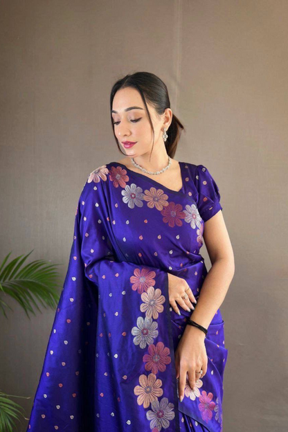 Rosette Bloom - Navy Blue Satin Silk Saree