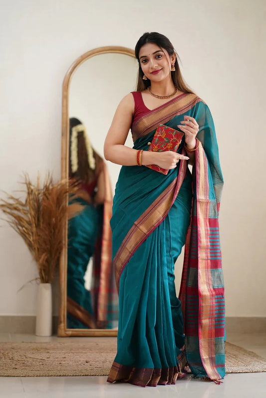 Premium Cotton Silk Saree with Pure Linen Silk Blouse Piece – Rama/Maroon Variant]-MYSTIC