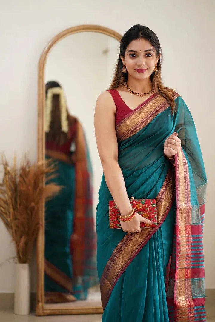 Premium Cotton Silk Saree with Pure Linen Silk Blouse Piece – Rama/Maroon Variant]-MYSTIC