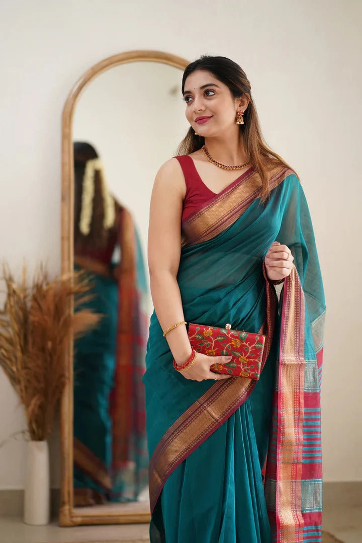 Premium Cotton Silk Saree with Pure Linen Silk Blouse Piece – Rama/Maroon Variant]-MYSTIC