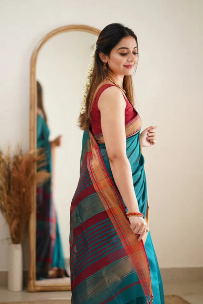 Premium Cotton Silk Saree with Pure Linen Silk Blouse Piece – Rama/Maroon Variant]-MYSTIC