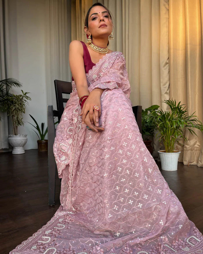 Blush Serenity - Embroidered Net Sare