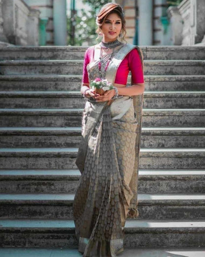 GREY Designer Traditional Pure Soft Silk Sari With Pink Attached Blouse