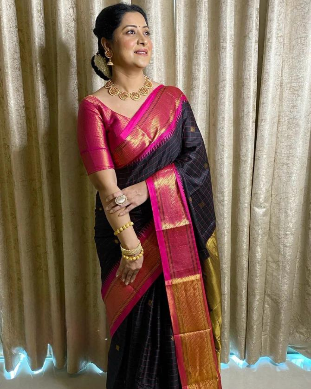 Mehal - Black Checked Saree with Pink Zari Border