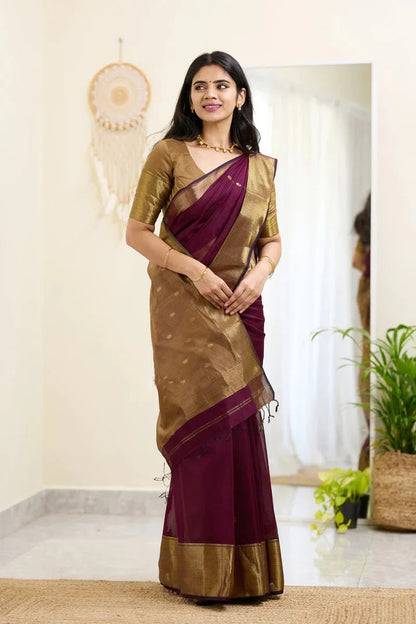 Meghlata Wine Cotton Silk Saree with Attractive Blouse