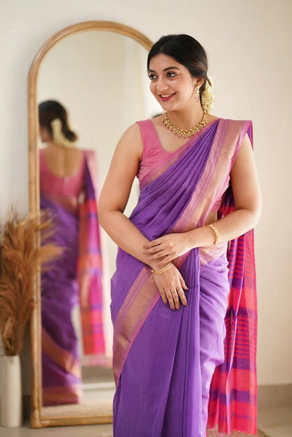 Premium Cotton Silk Saree with Pure Linen Silk Blouse Piece – Lavender/Pink Variant]-MYSTIC