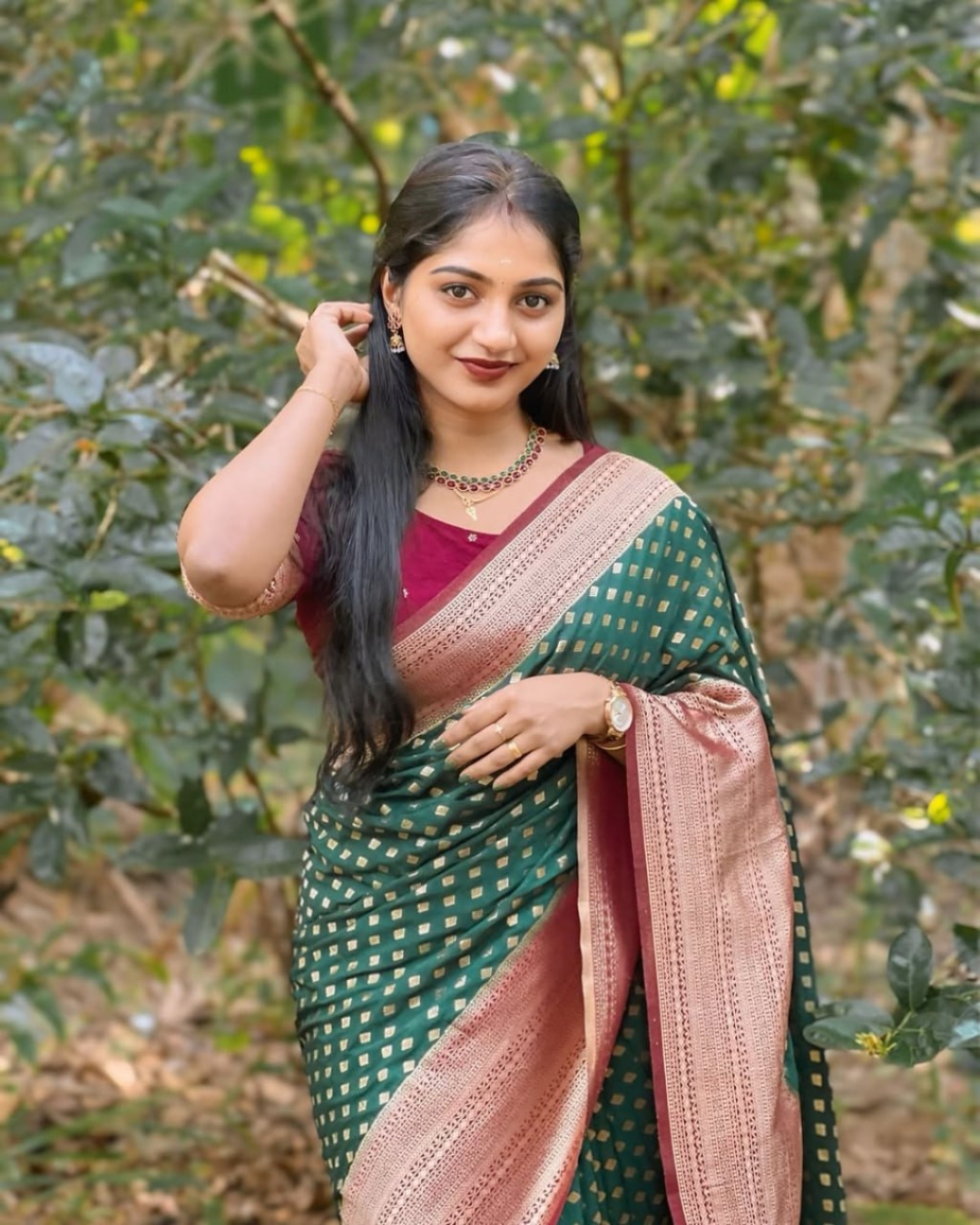 Mishka - Bottle Green Saree with Rose Gold Zari Border