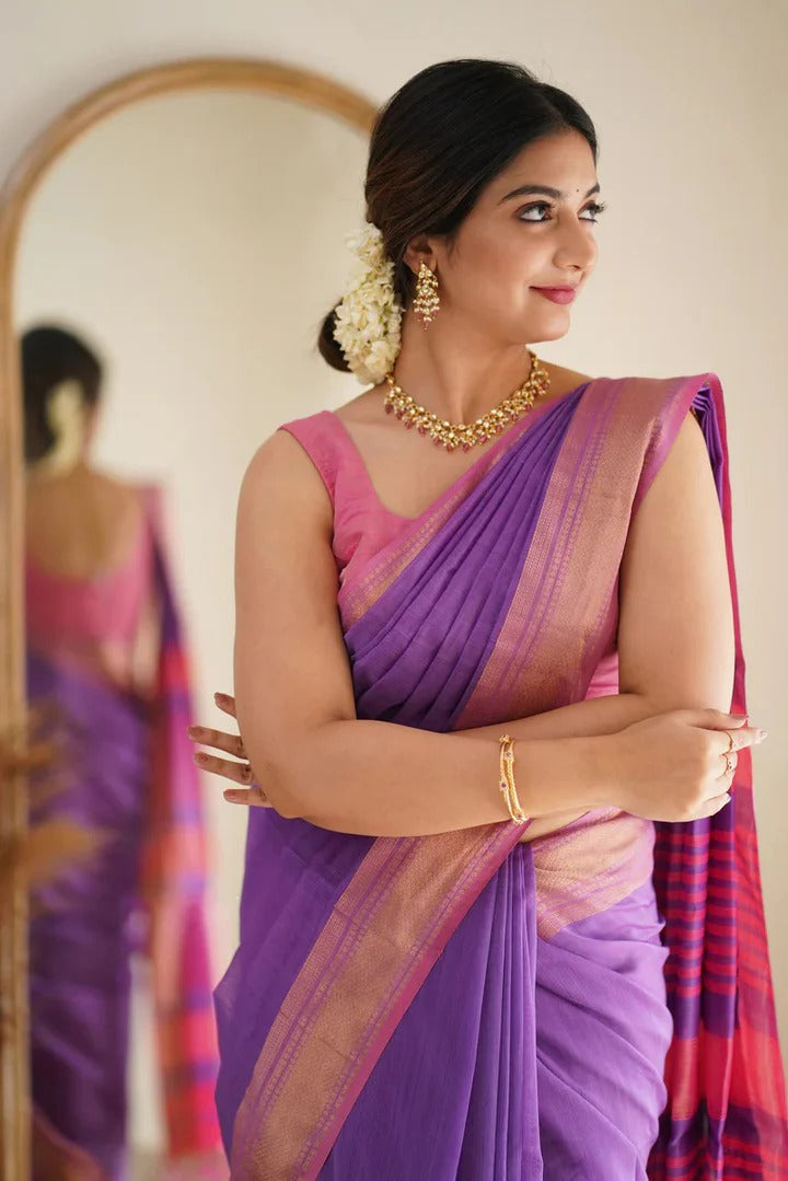 Premium Cotton Silk Saree with Pure Linen Silk Blouse Piece – Lavender/Pink Variant]-MYSTIC