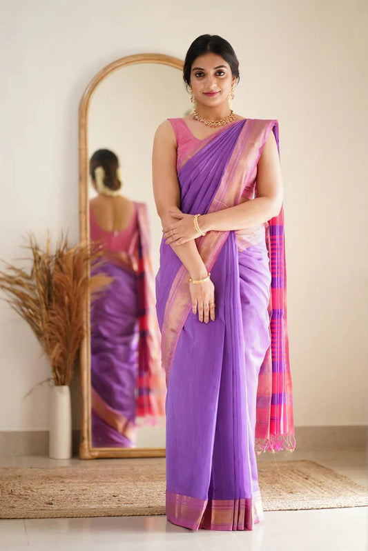 Premium Cotton Silk Saree with Pure Linen Silk Blouse Piece – Lavender/Pink Variant]-MYSTIC