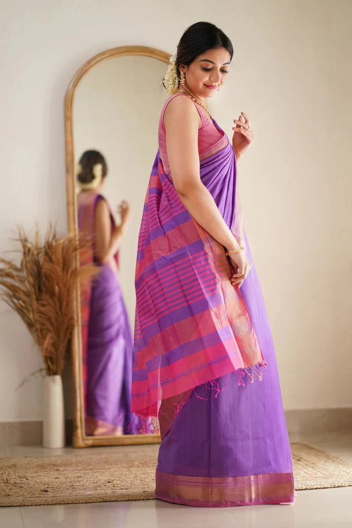 Premium Cotton Silk Saree with Pure Linen Silk Blouse Piece – Lavender/Pink Variant]-MYSTIC